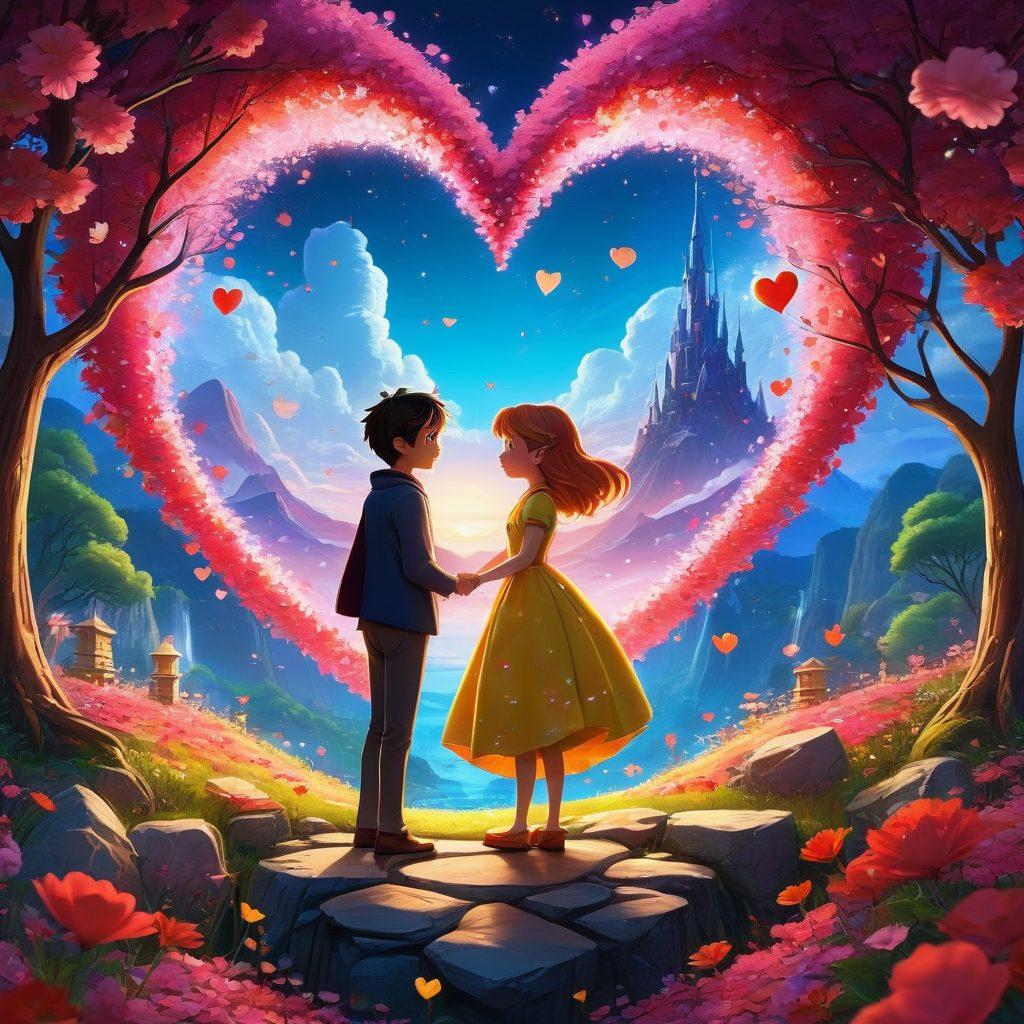 A vibrant collage featuring iconic anime characters sharing heartfelt moments alongside classic cartoon characters, blending their distinctive art styles. The background showcases a whimsical landscape filled with floating hearts and animated sparkles, symbolizing love's impact across genres. The characters should be depicted in dynamic poses that convey emotion, fostering a sense of connection. The overall atmosphere should be colorful and enchanting, capturing the essence of animation's power in storytelling. vibrant colors. 3D. whimsical art.