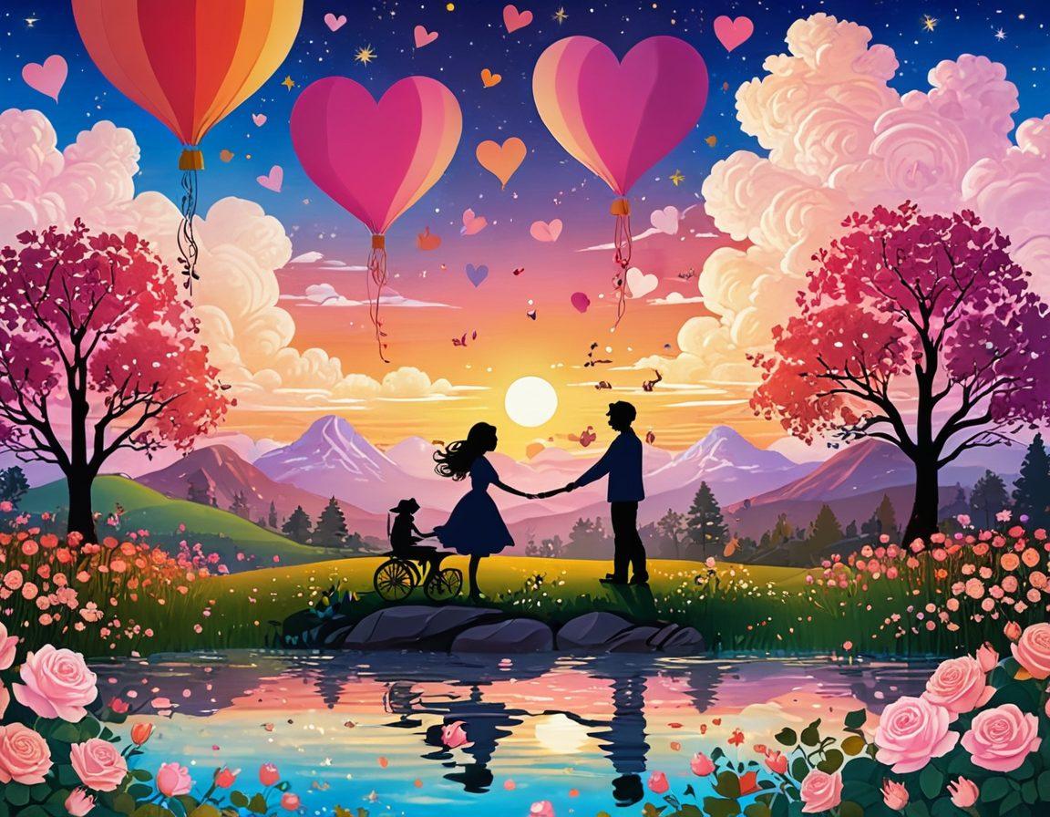 A whimsical scene depicting animated characters sharing a heartfelt moment, surrounded by vibrant elements symbolizing love, such as floating hearts and roses. The background features a dreamy landscape with a sunset casting warm colors, enhancing the romantic atmosphere. Incorporate a blend of fantasy elements and charming details, showcasing the essence of affection in animated storytelling. Vector art. vibrant colors. whimsical style.