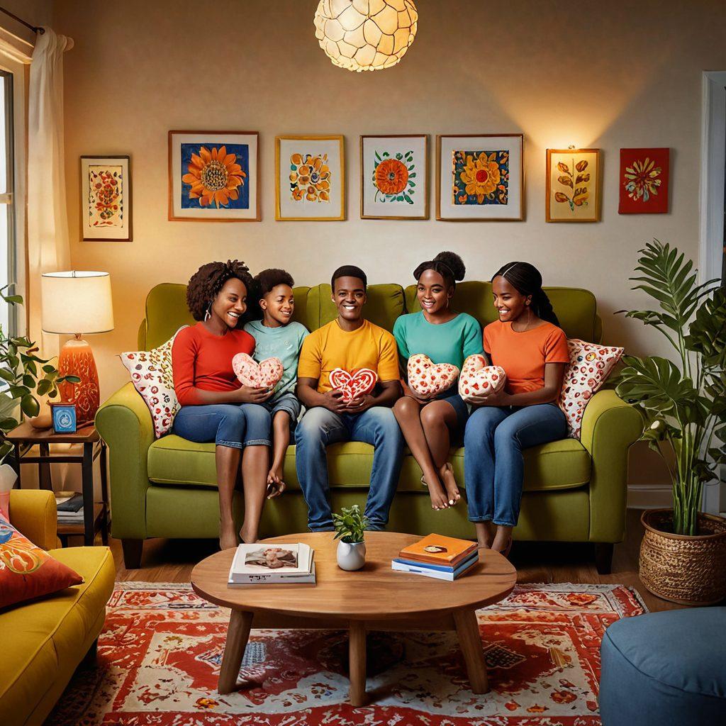 A colorful and heartwarming scene featuring a diverse animated family watching a family-friendly animated series together on a cozy couch, with romantic elements subtly integrated, like heart-shaped pillows and a soft, glowing light. The backdrop should showcase a vibrant living room filled with culturally diverse decorations that reflect unity and love. Emphasize the joy on their faces and the warmth of their bonds. cartoon style. vibrant colors. cheerful atmosphere.